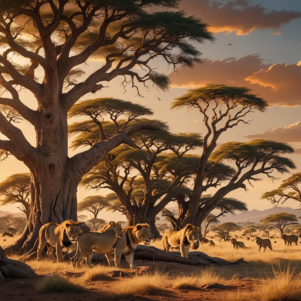Lions Under Baobab Tree at Sunset: Cinematic Digital Paintin...