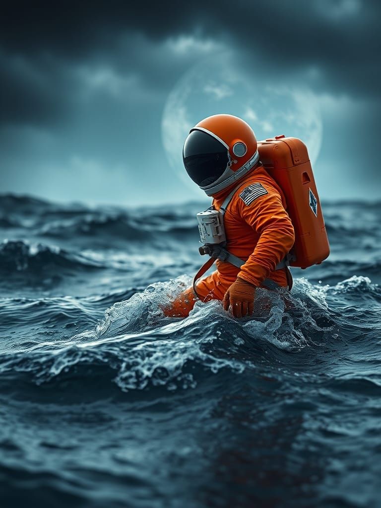 Astronaut Emerges from Ocean During Storm