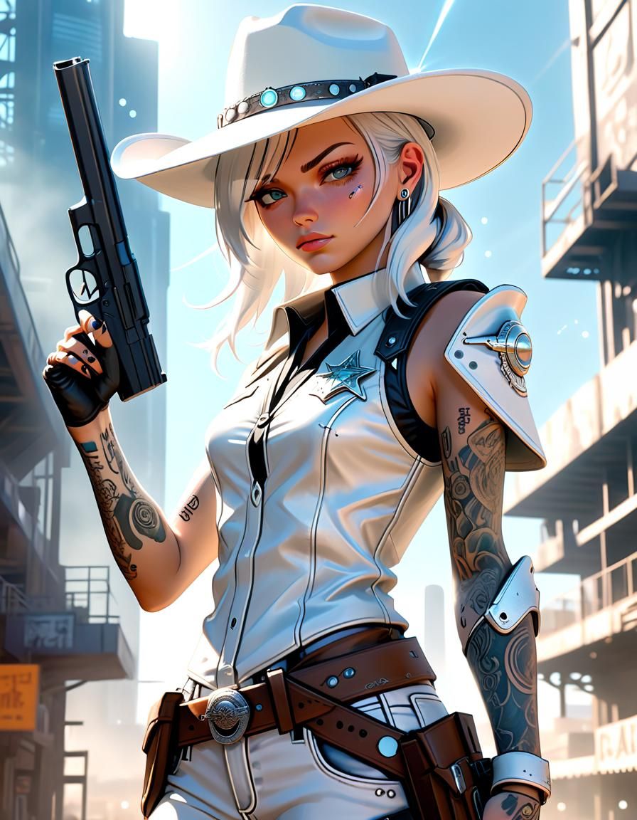 Futuristic Cyberpunk Cowgirl Gunslinger with Pistol