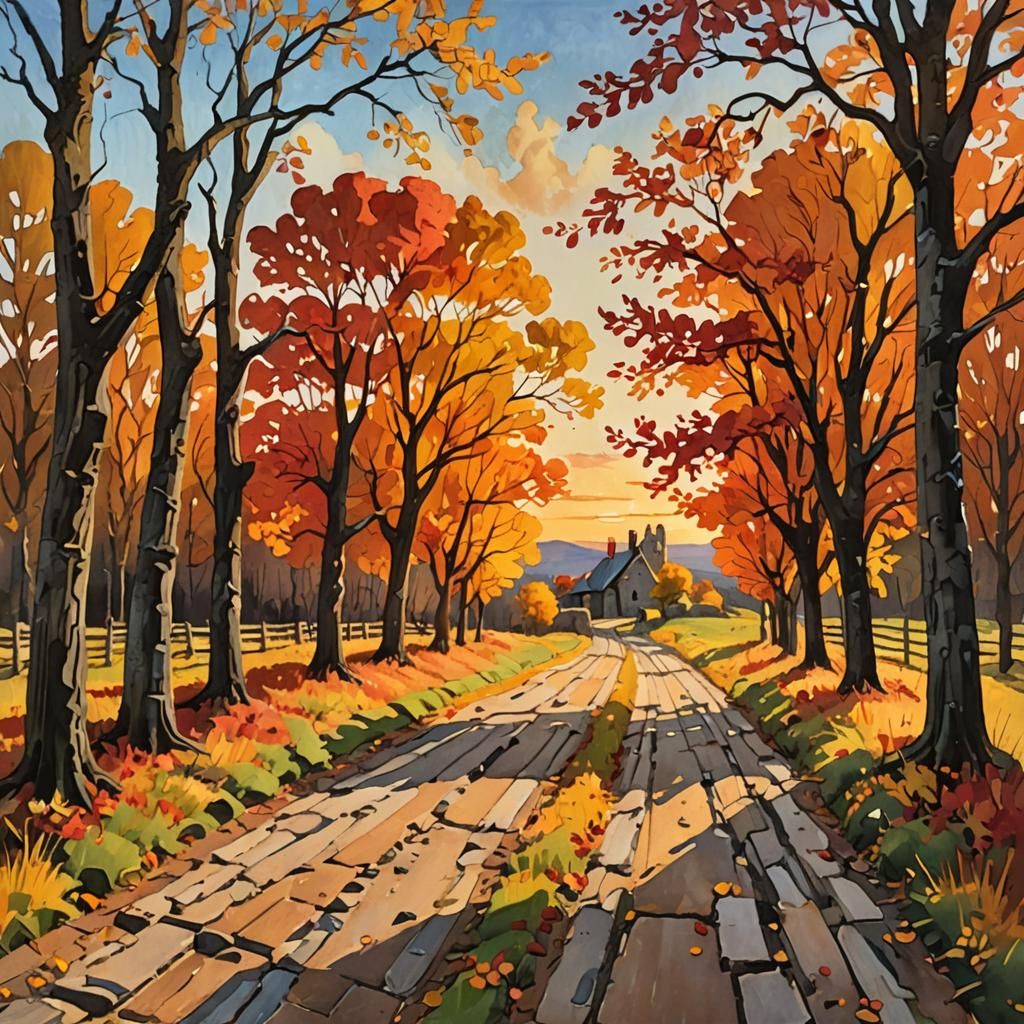 Autumn Stone Road: An Impressionist Gouache Masterpiece