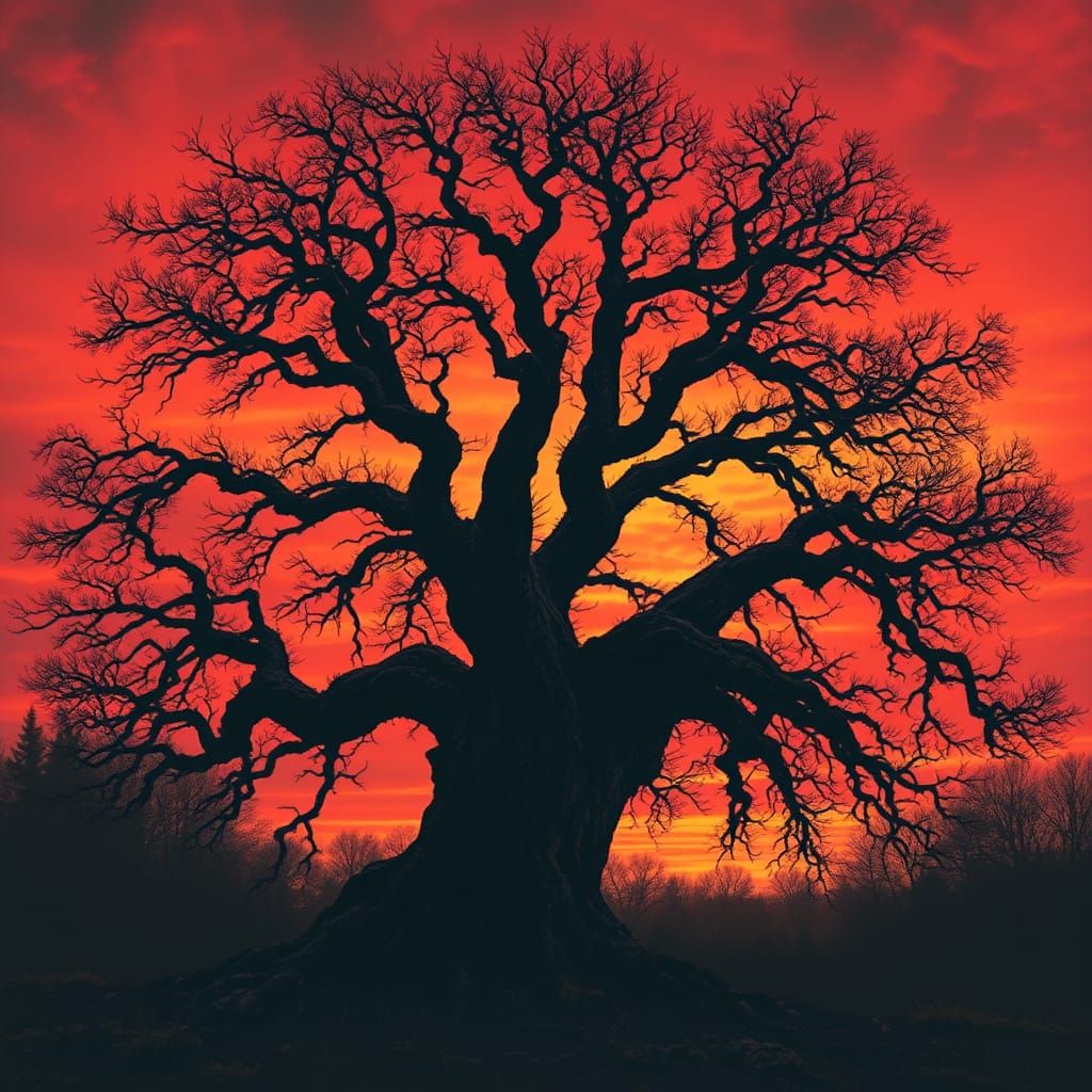 Ancient Oak Tree Silhouette at Dusk in a Dark, Mysterious La...