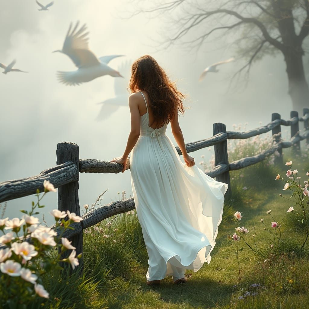 Ethereal Woman Among Spring Flowers, Kinkade Style