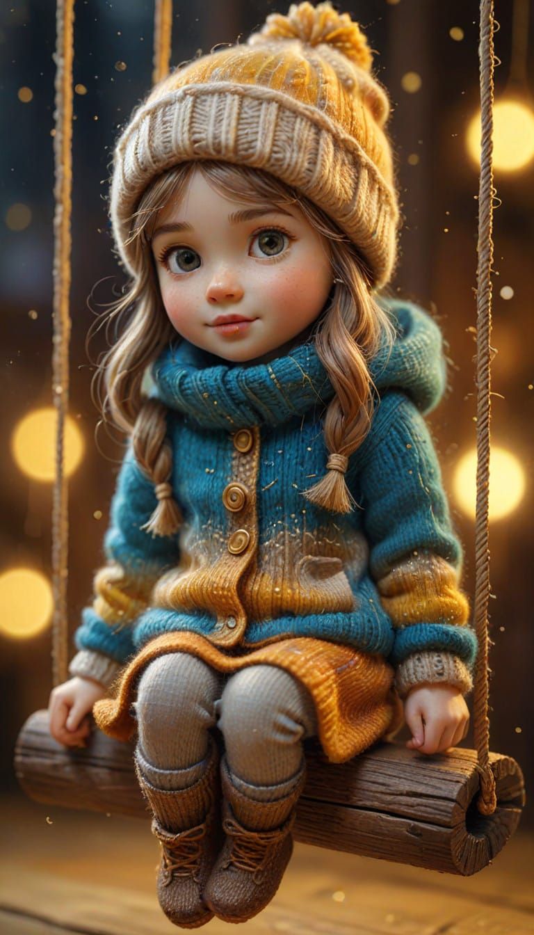 Enchanting Felted Girl Swings Under Golden Sparkle