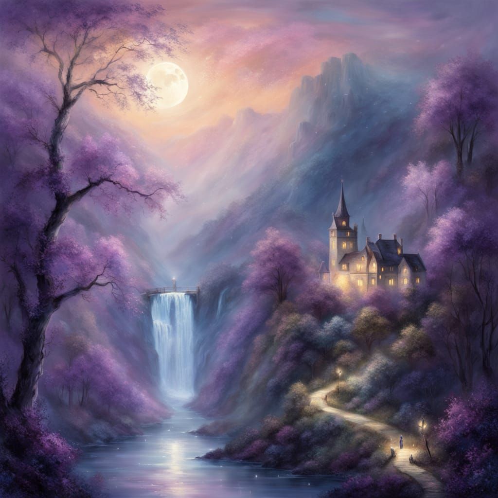 A fantastical landscape at night, featuring a cascading wate...
