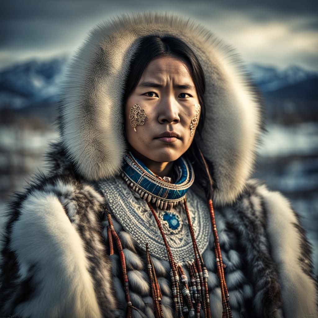 Beautiful Inuit Woman Portrait in Traditional Dress