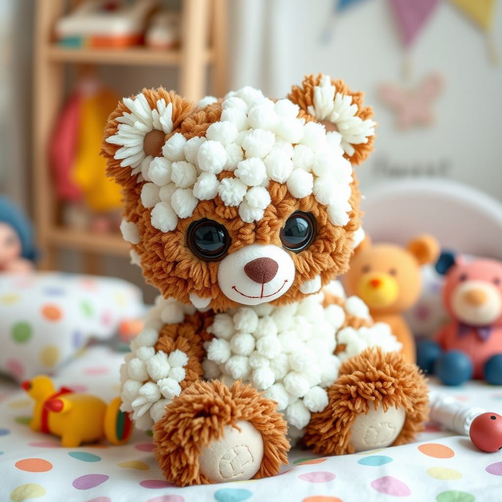 Adorable Pom Pom Bear on Colorful Bed in Storybook Style