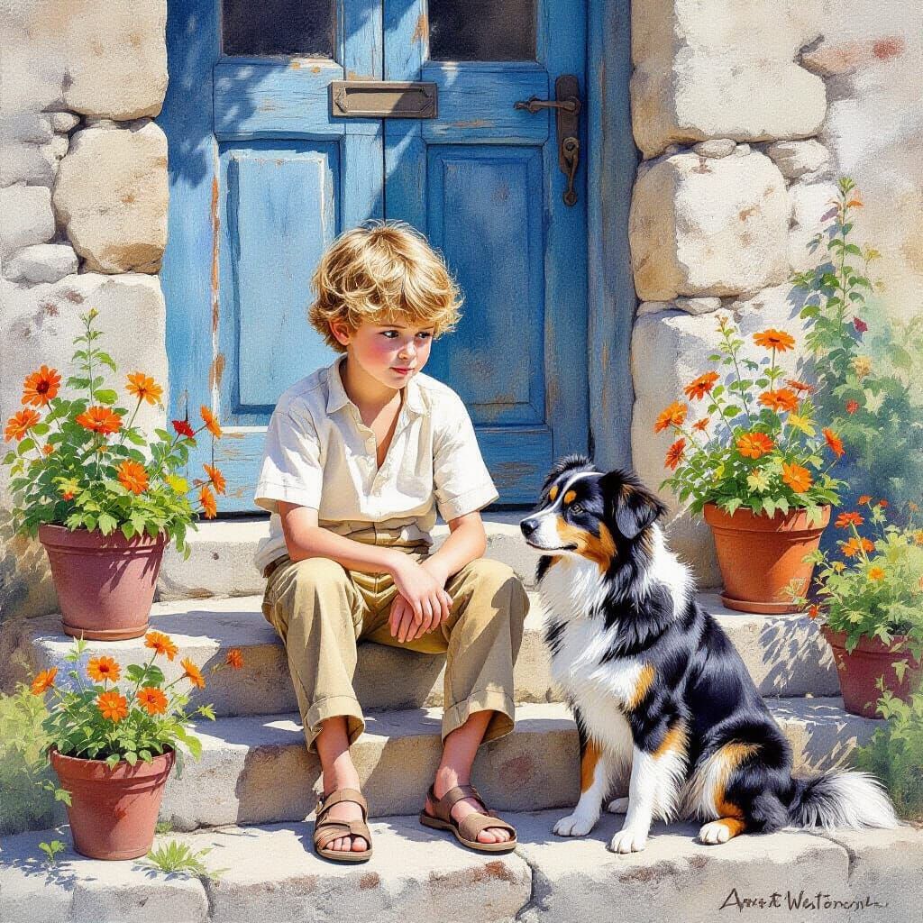 Boy and Dog on Steps in Peaceful Watercolor Landscape