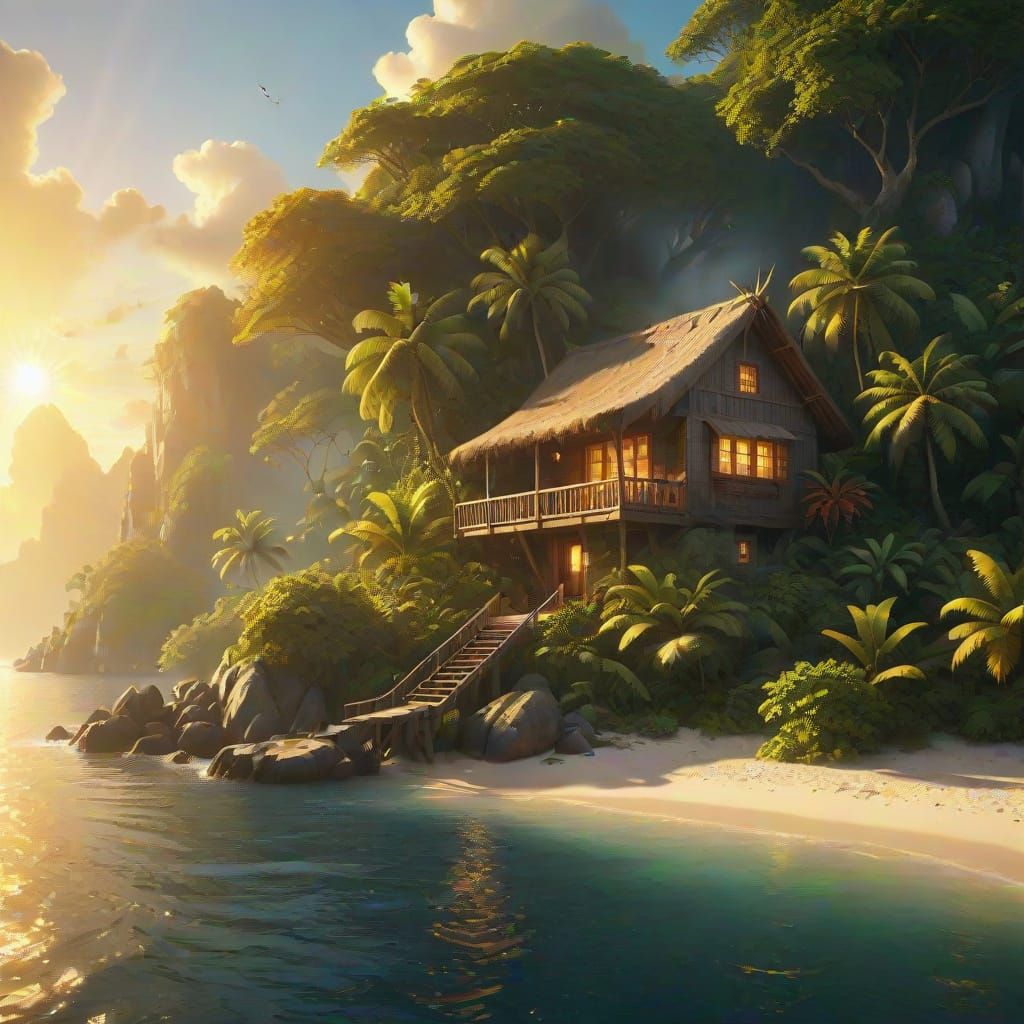 Cozy Island Cabin with Sunbeams in Golden Hour Lighting
