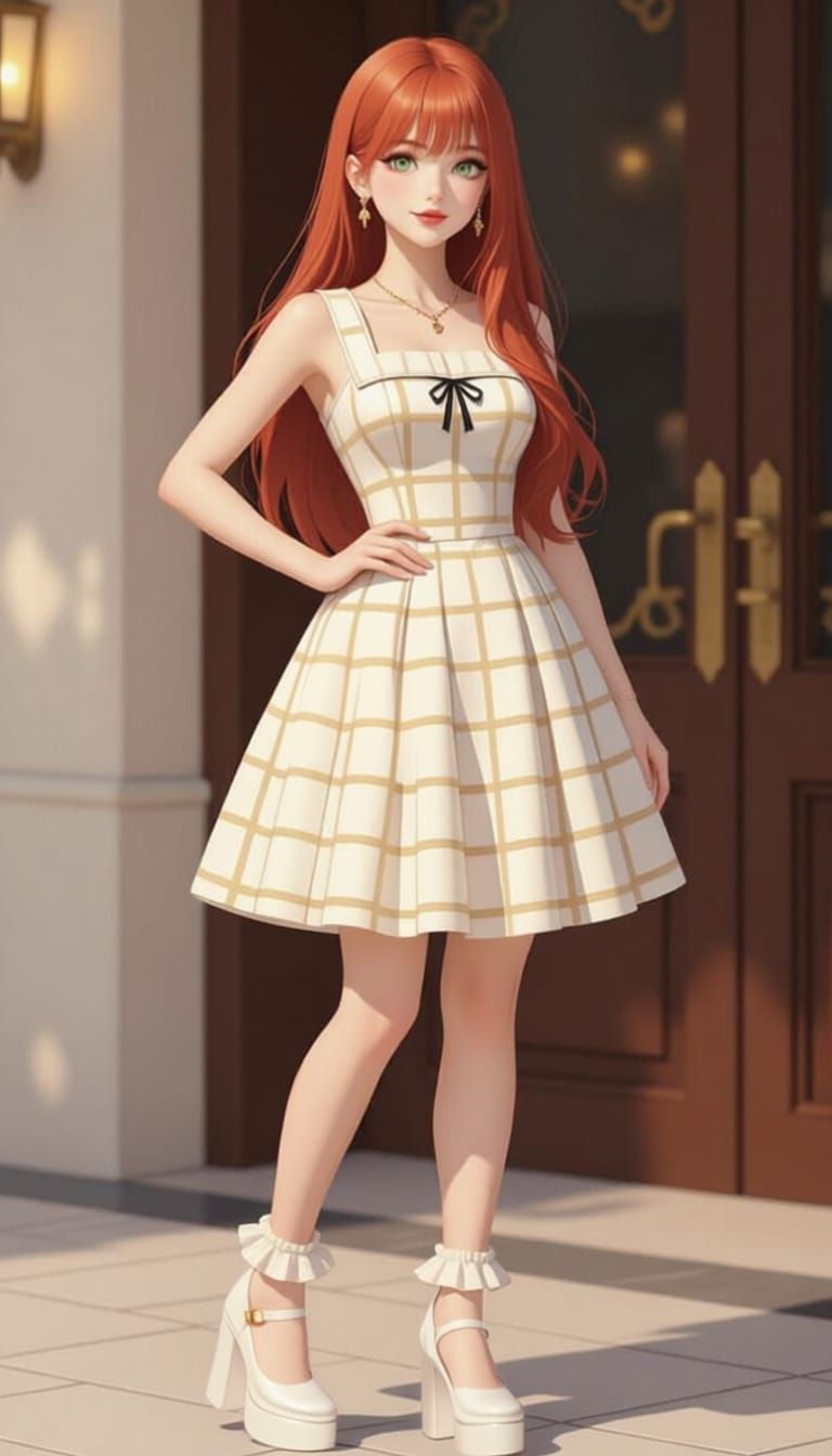 Fashion Sketch: Japanese Woman in Retro Checkered Dress