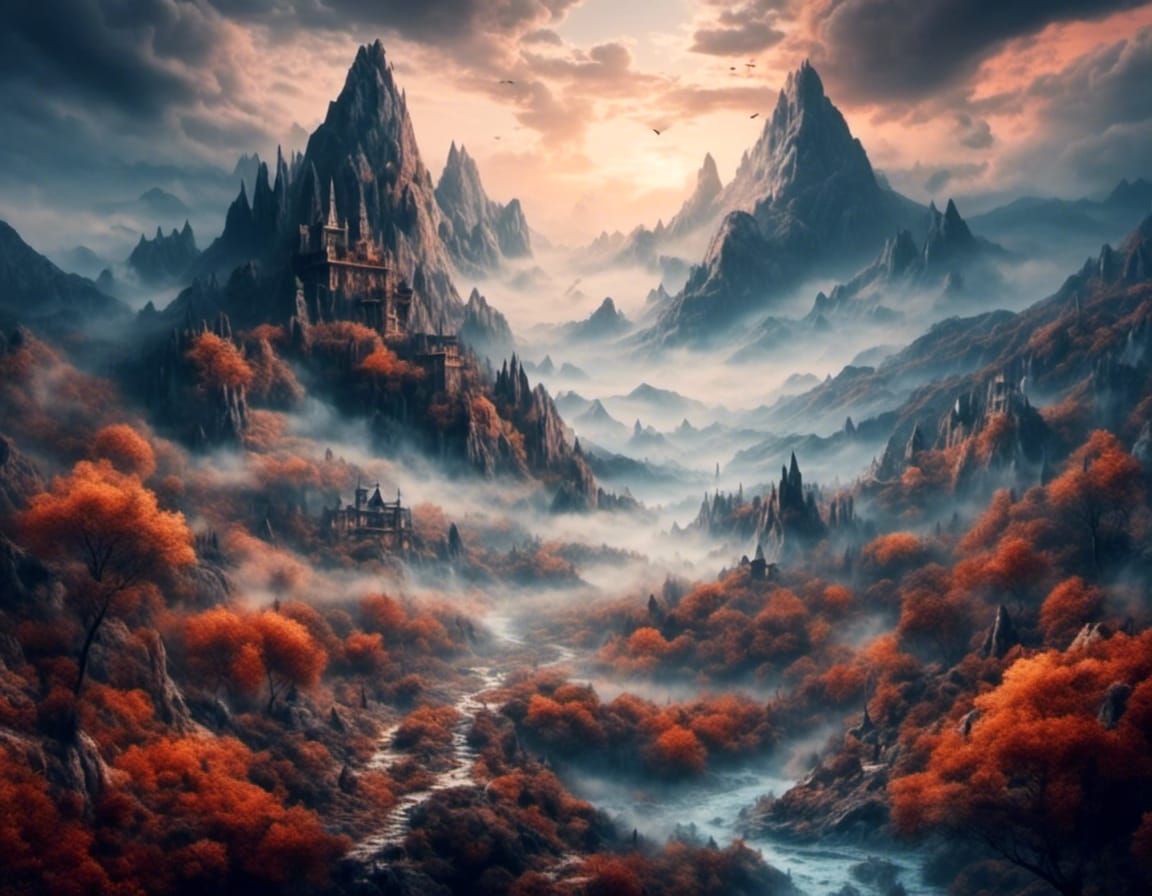 Misty Mountain Landscape: Hyperrealistic Fantasy Art