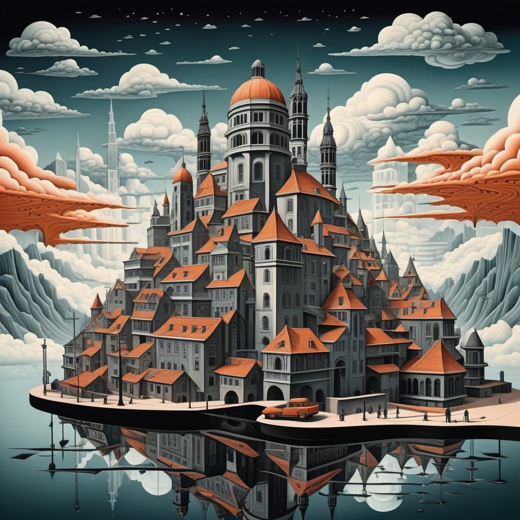 Surreal Cityscape with Melting Architecture in Escher Style