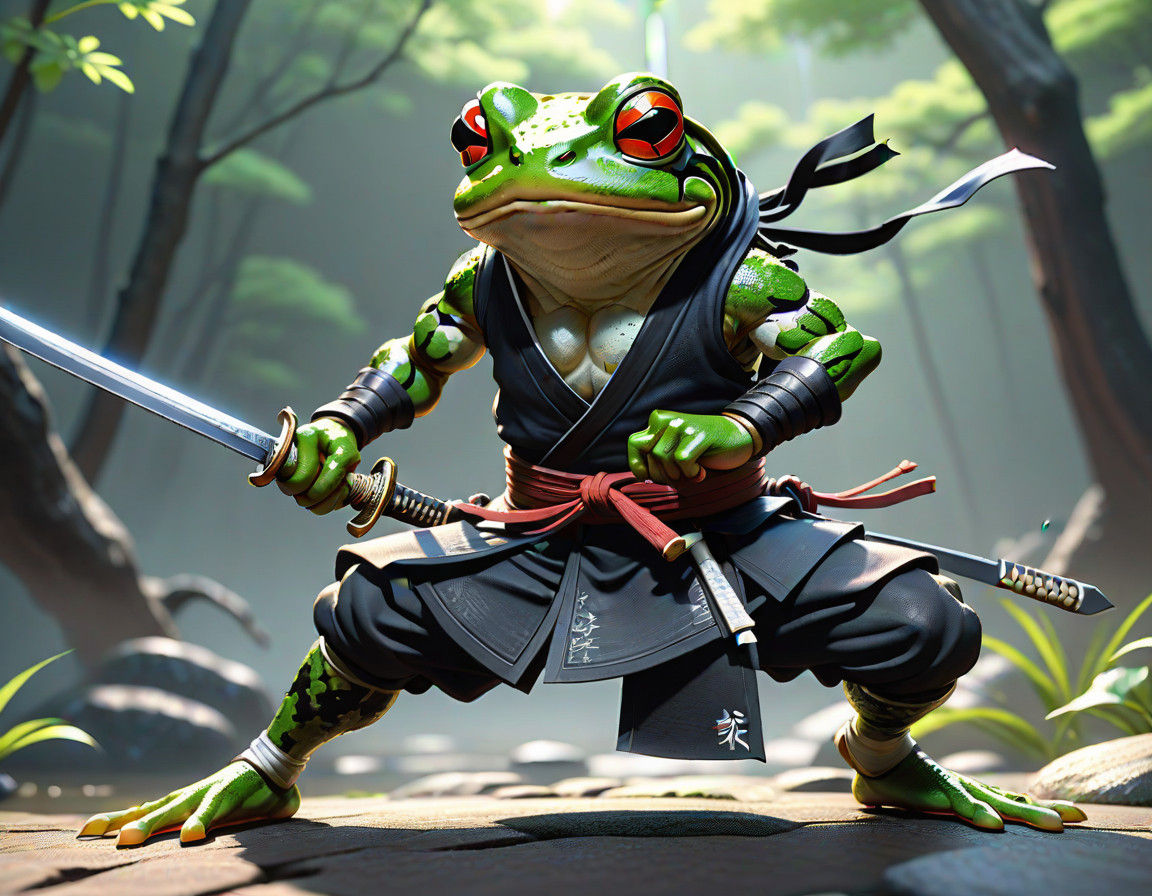 Surreal Anime Ninja Frog in Epic Fight Stance