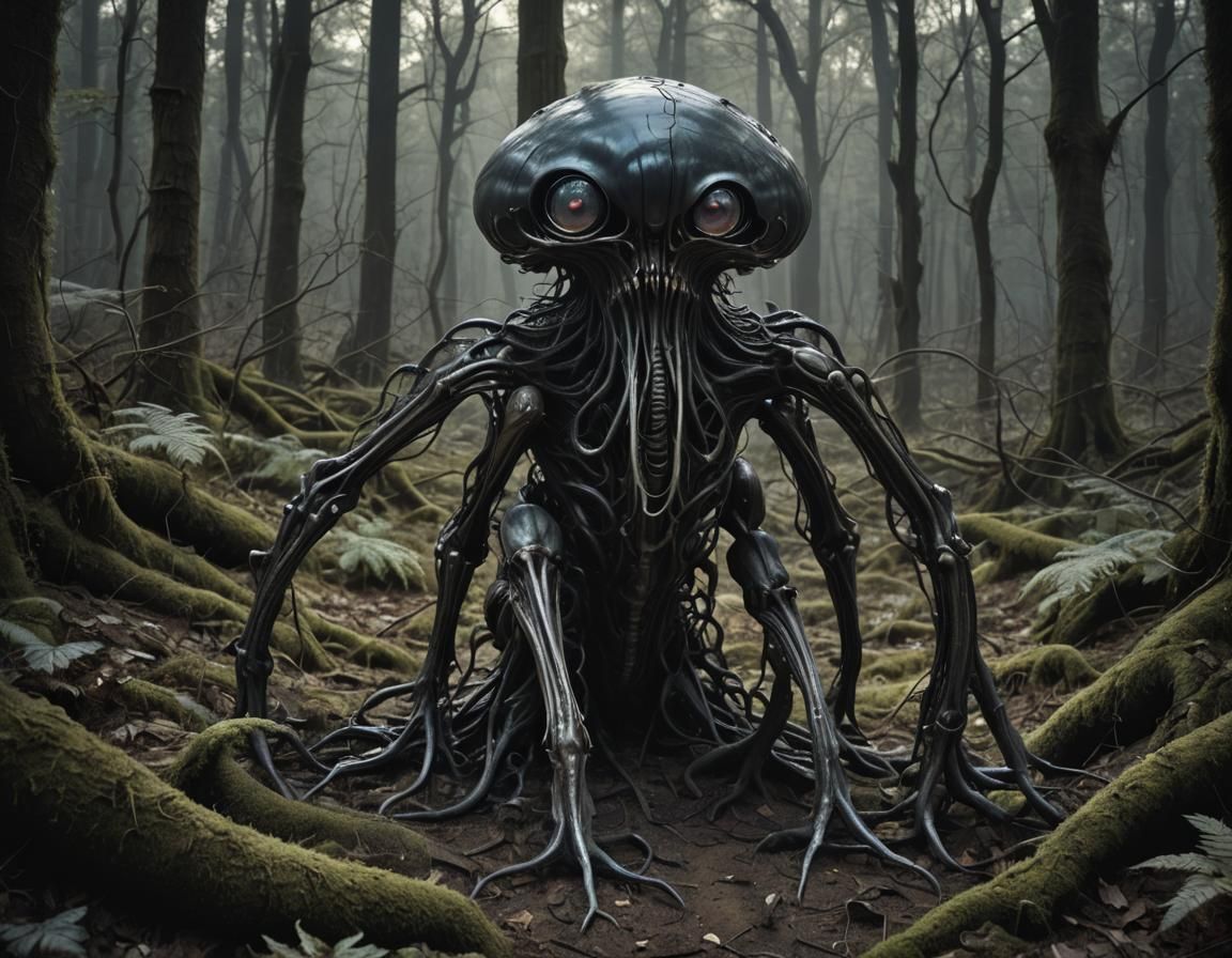 Eerie Creature Emerges from Dark Forest in Surreal Style
