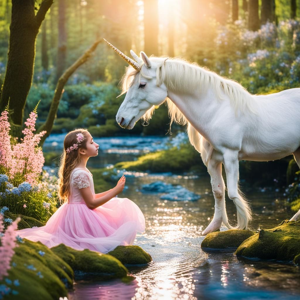 Enchanted Forest Scene with Girl and Unicorns
