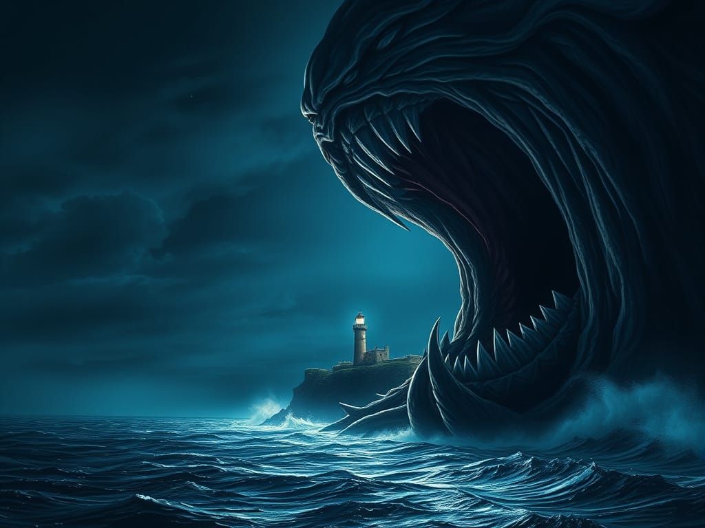 Menacing Shadow Devours Lighthouse at Night