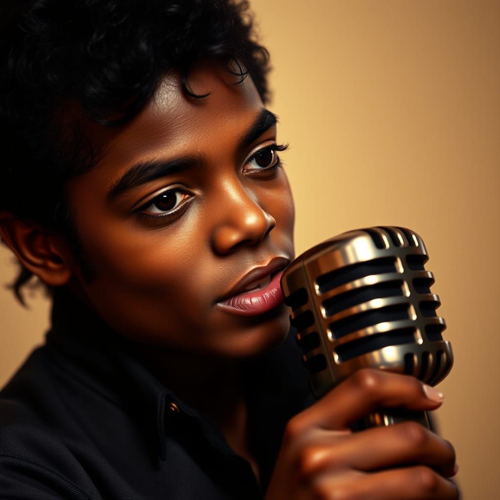 Young Michael Jackson Portrait with Vintage Microphone