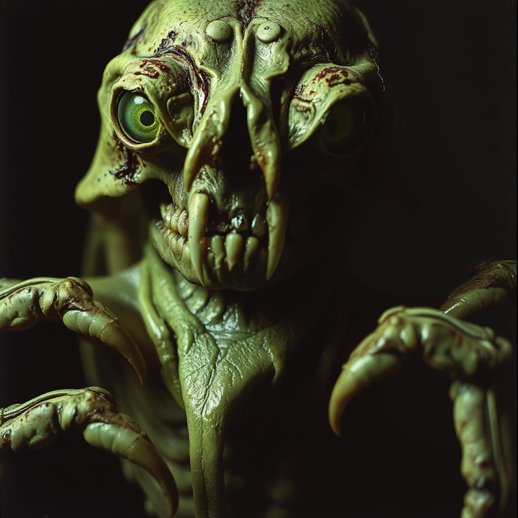 Grotesque Horror with Neon Green Eyes in Photogravure Style