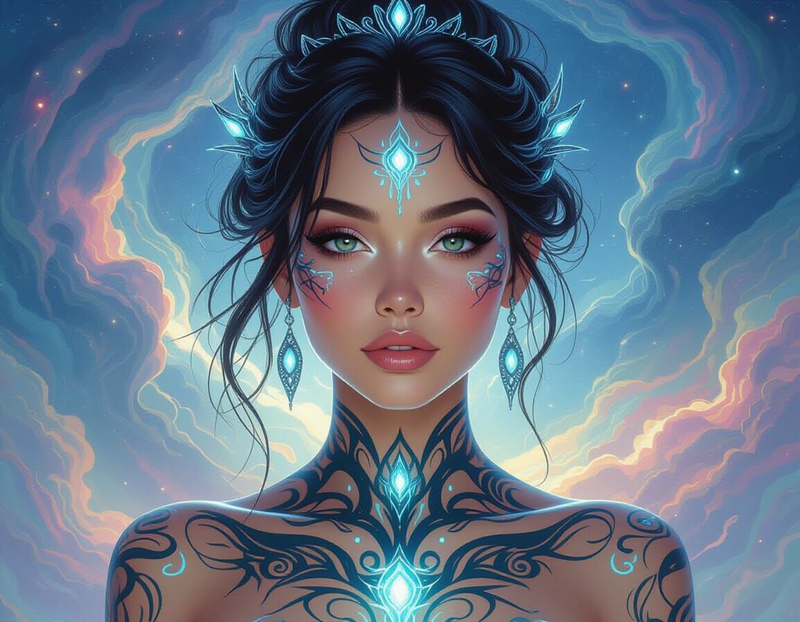 Cosmic Queen with Bioluminescent Tattoos in Neo-Expressionis...