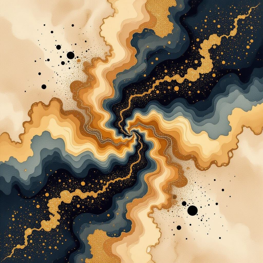 Gold Tan Beige Alcohol Ink Swirls with Black Splatters