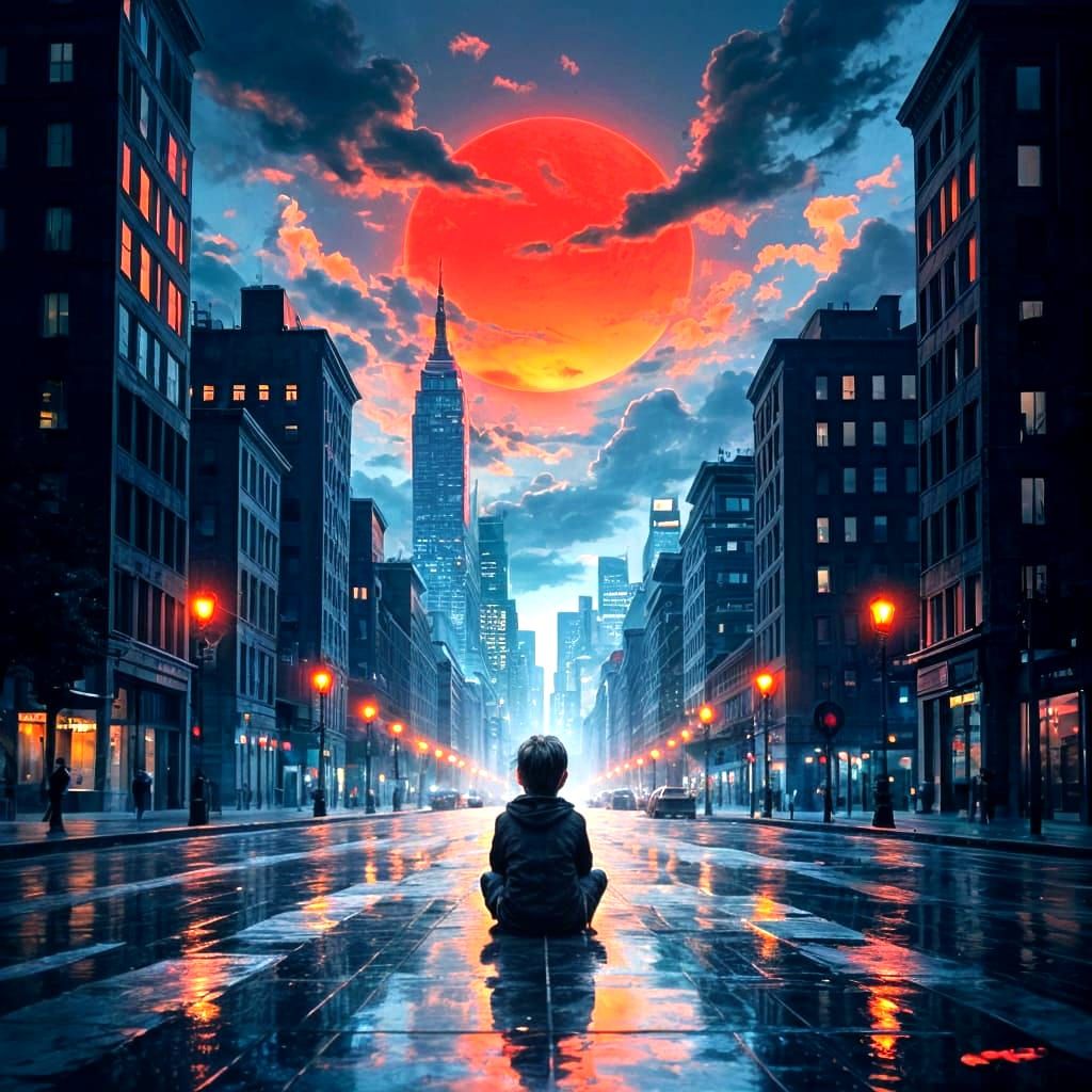 Surreal Urban Scene of Child on Wet Street