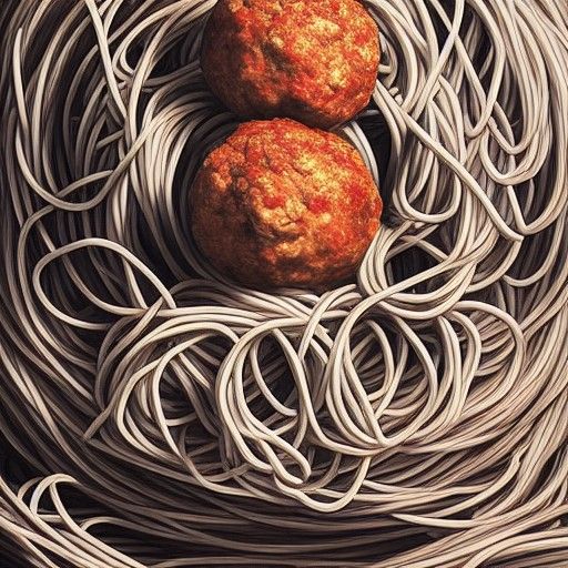 Hyperrealistic Meatball Eyes on Spaghetti, 8K
