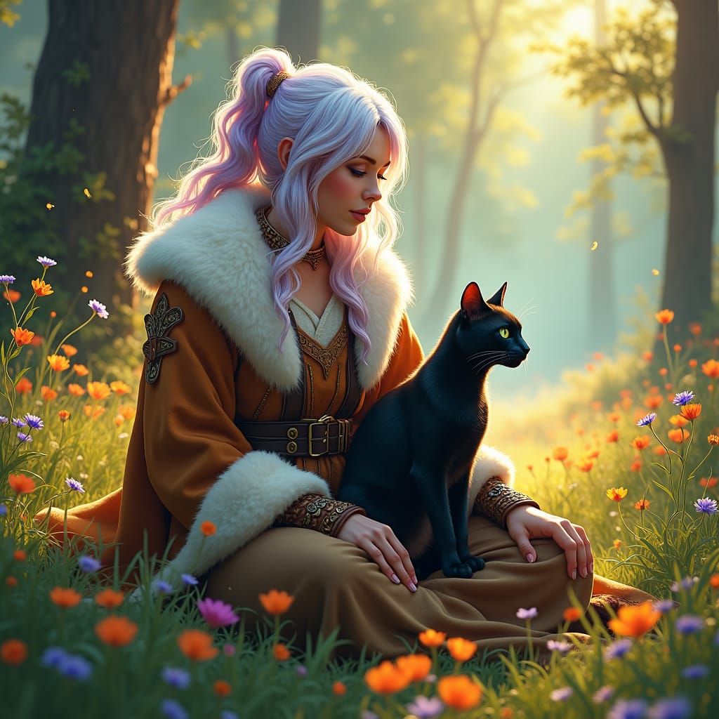 Sorceress in Meadow with Cat, High Fantasy Style