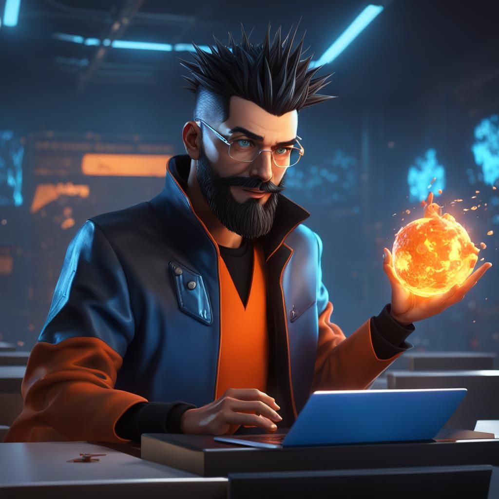Cyberpunk Wizard Teacher in Futuristic Classroom, 3D Render