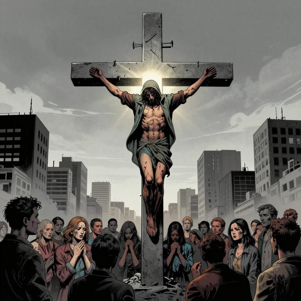 Modern Martyr in Urban Landscape Comic Style