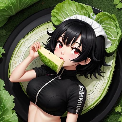 Chibi Girl Eating Cabbage in Anime Style