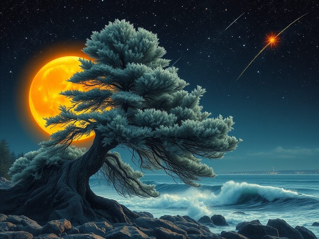 Majestic Pine Tree Under Harvest Moon