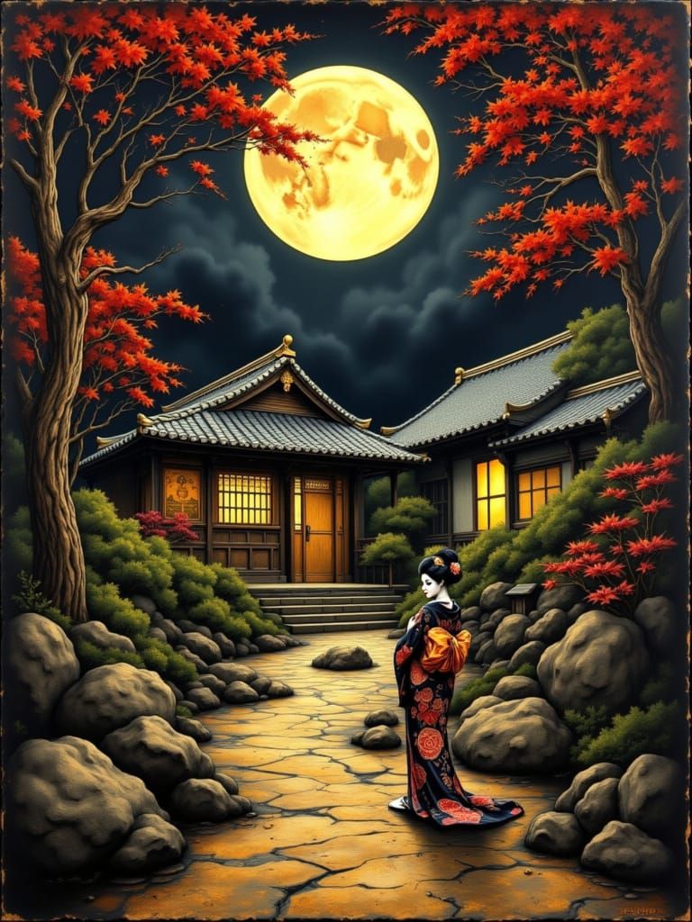 Elegant Geisha in Traditional Japanese House at Night