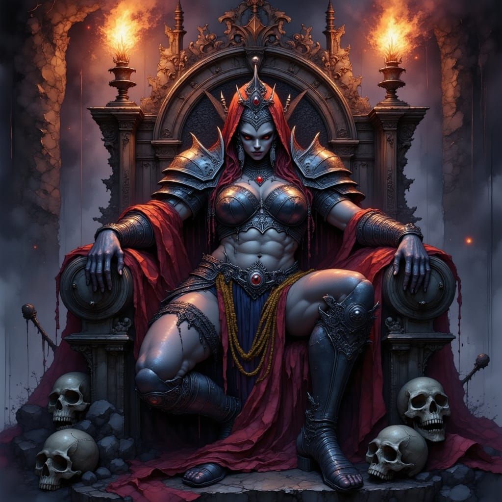 Drow Warrior Queen on Skull Throne in Dark Fantasy Style