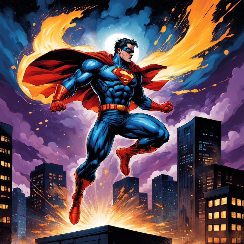 Superhero Leaping Between Buildings in Dynamic Splash Art St...