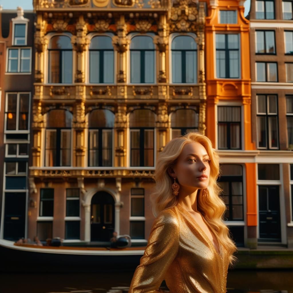 Golden Goddess of Amsterdam in Warm Cinematic Lighting