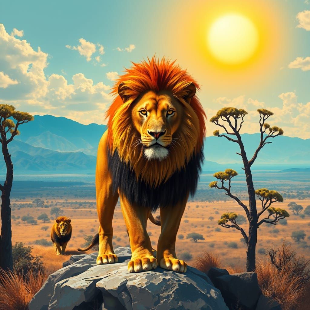 Regal Lion King of Golden Plains in Vibrant Painterly Style