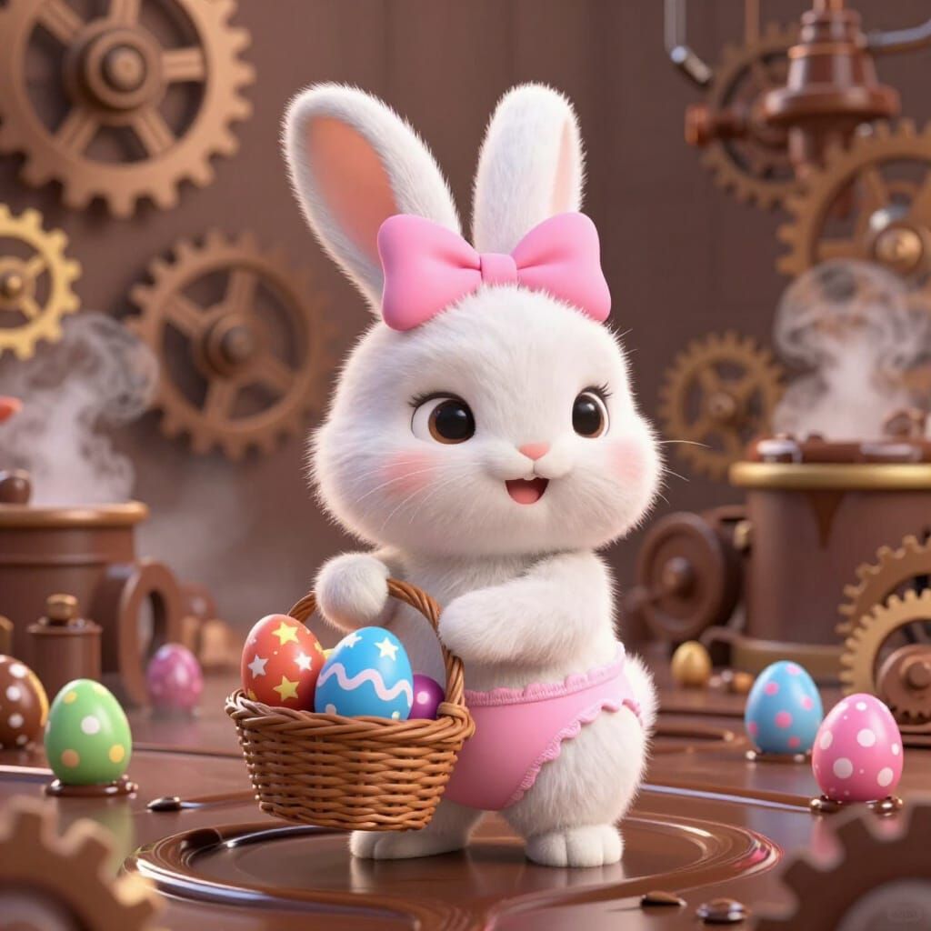 Anthropomorphic Bunny in Chocolate Factory, Pixar Style