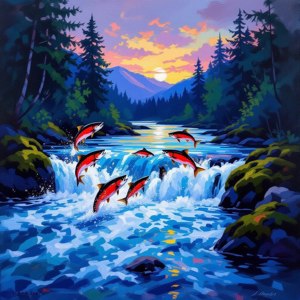 Salmon Leap in Twilight River, Impressionistic Style