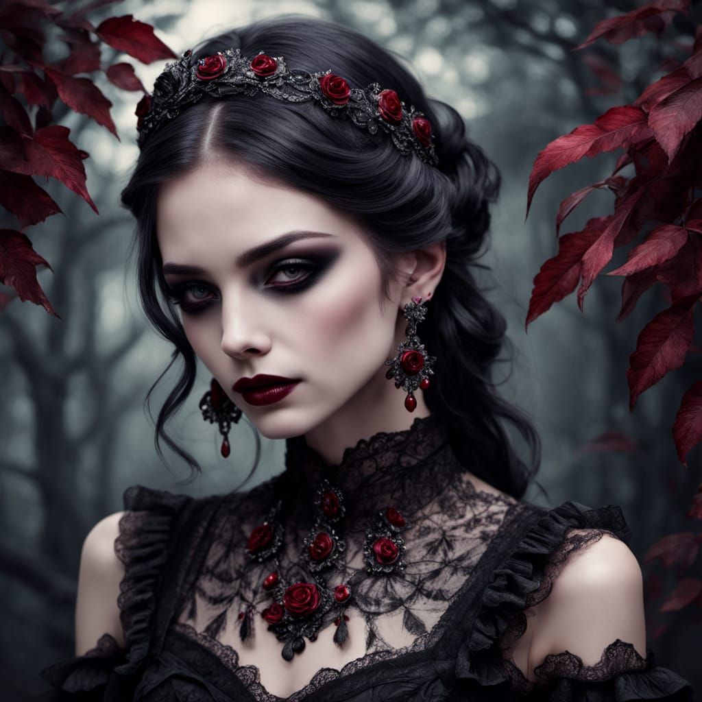 Gothic Woman in Lace Gown with Ornate Jewelry