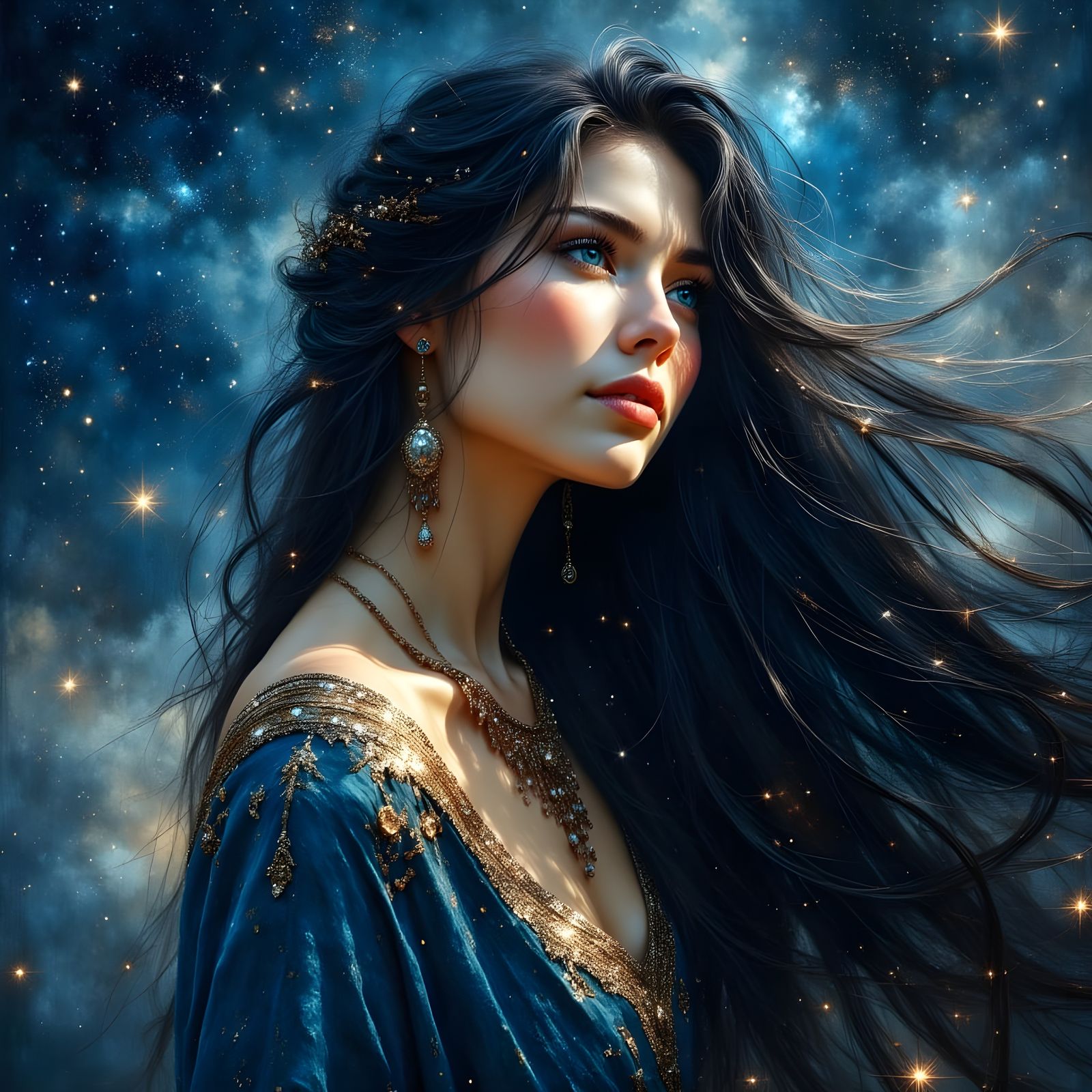 Norse Moon Goddess with Black Hair and Blue Eyes