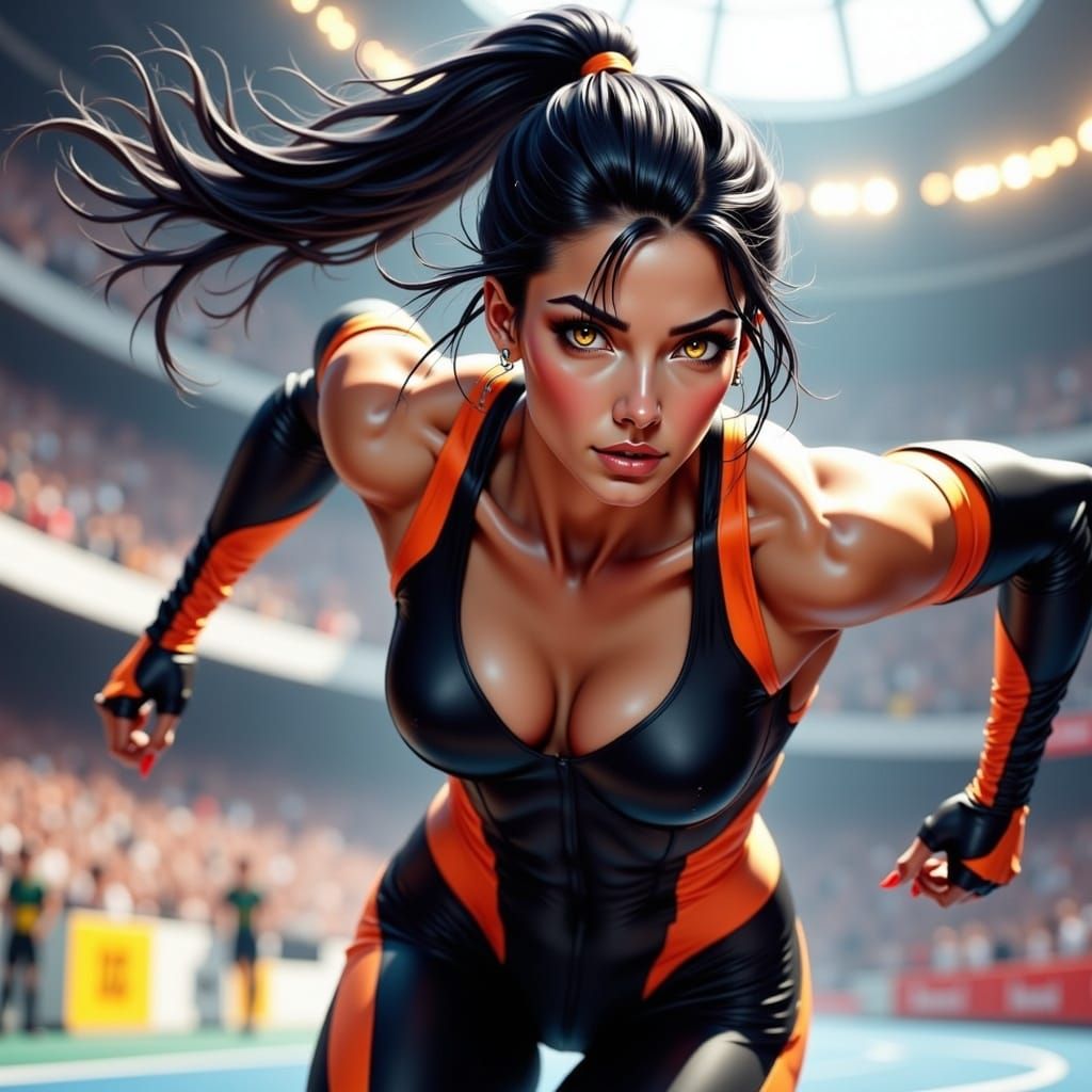 Dynamic Female Athlete in Stadium