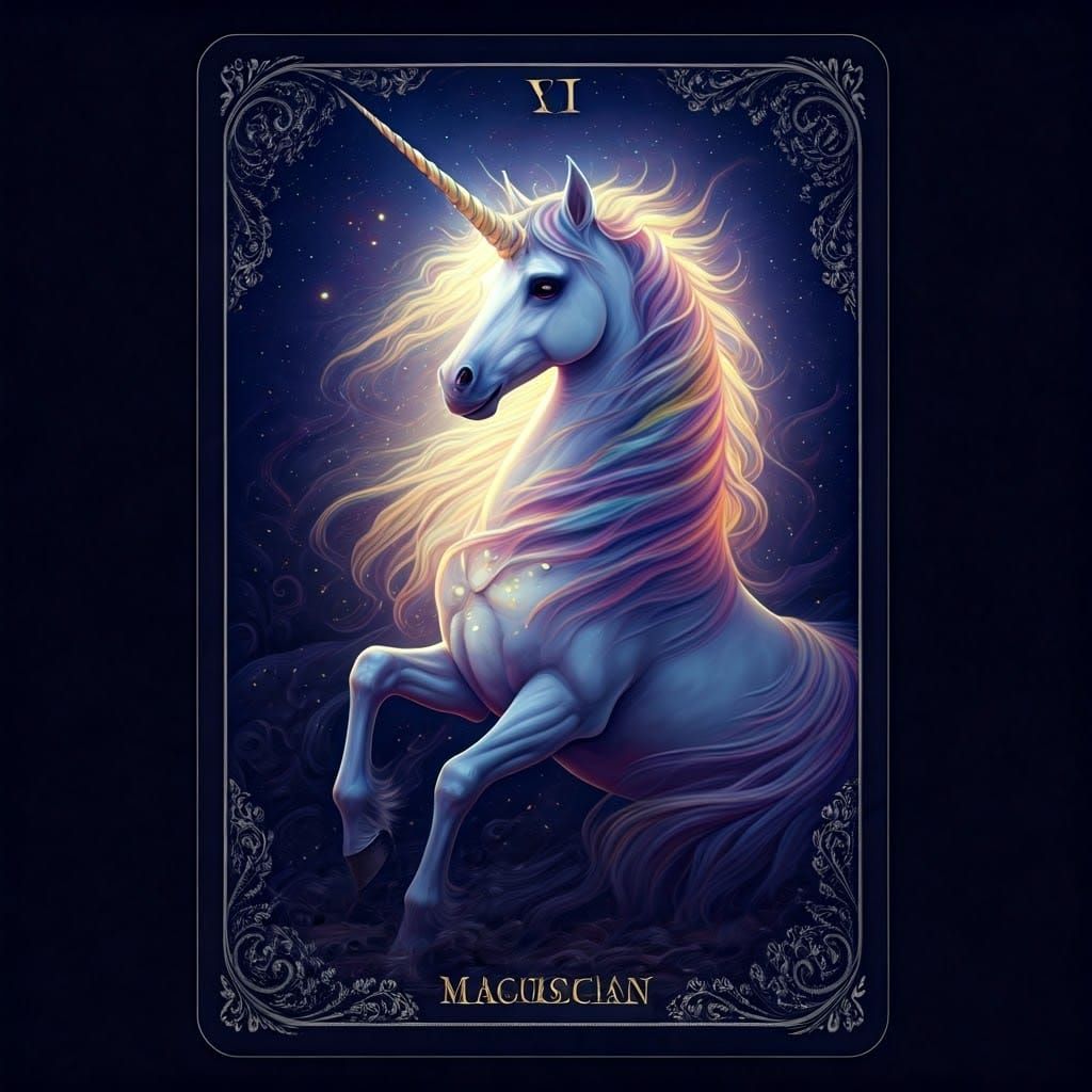 Unicorn Magician Tarot Card in Ethereal Style