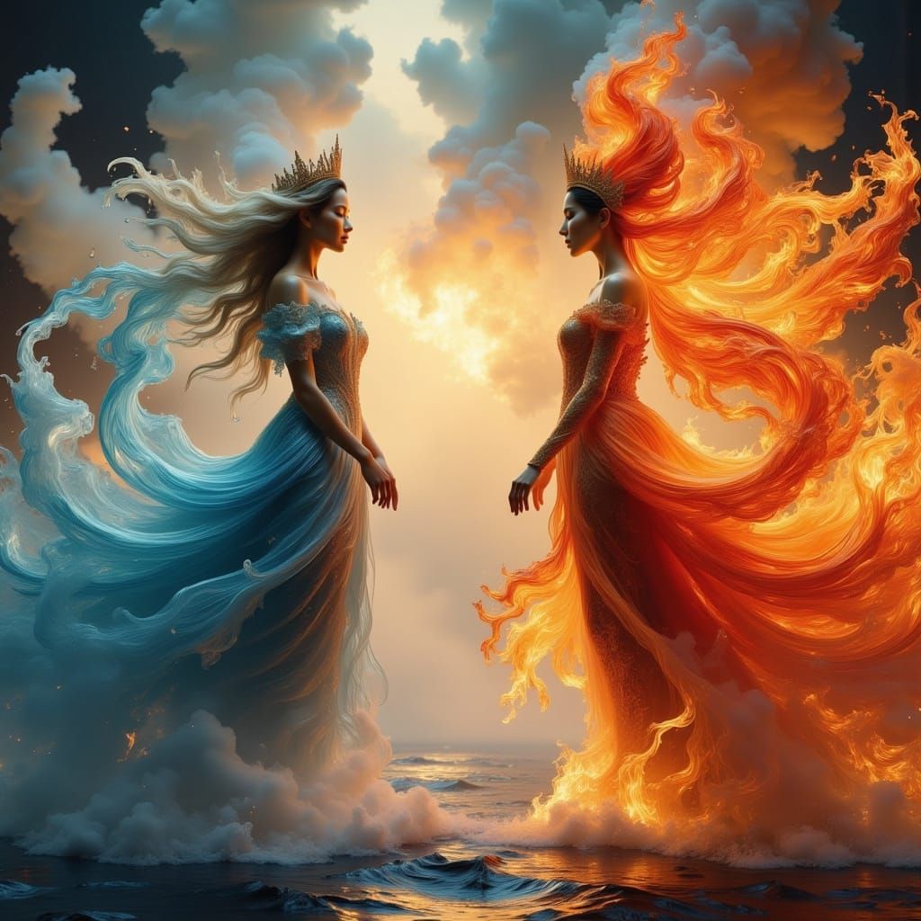 Clash of Fire and Water Spirits in Ethereal Realm