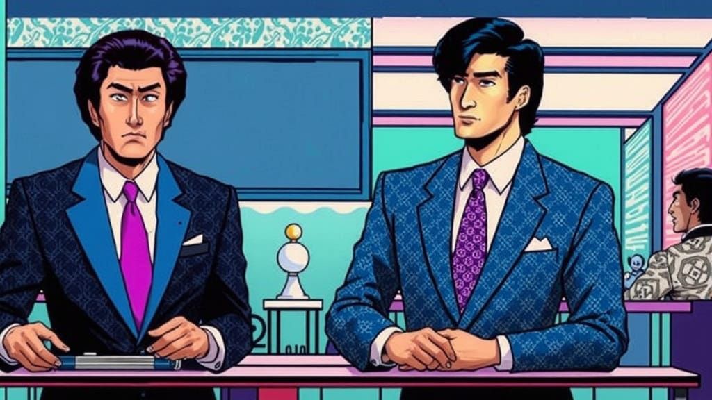 Elegant 1980s Japanese Businessmen in Neon-Lit Tea Room
