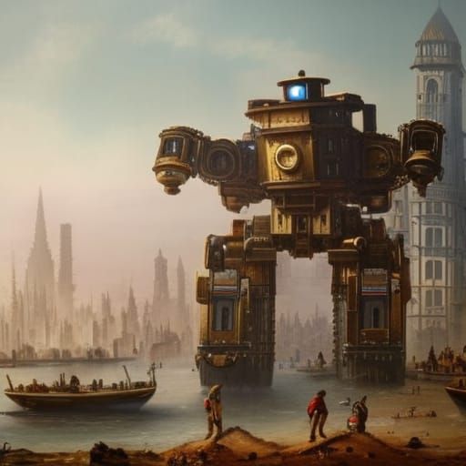 Victorian City Skyline Dominated by Gigantic Mech Robot