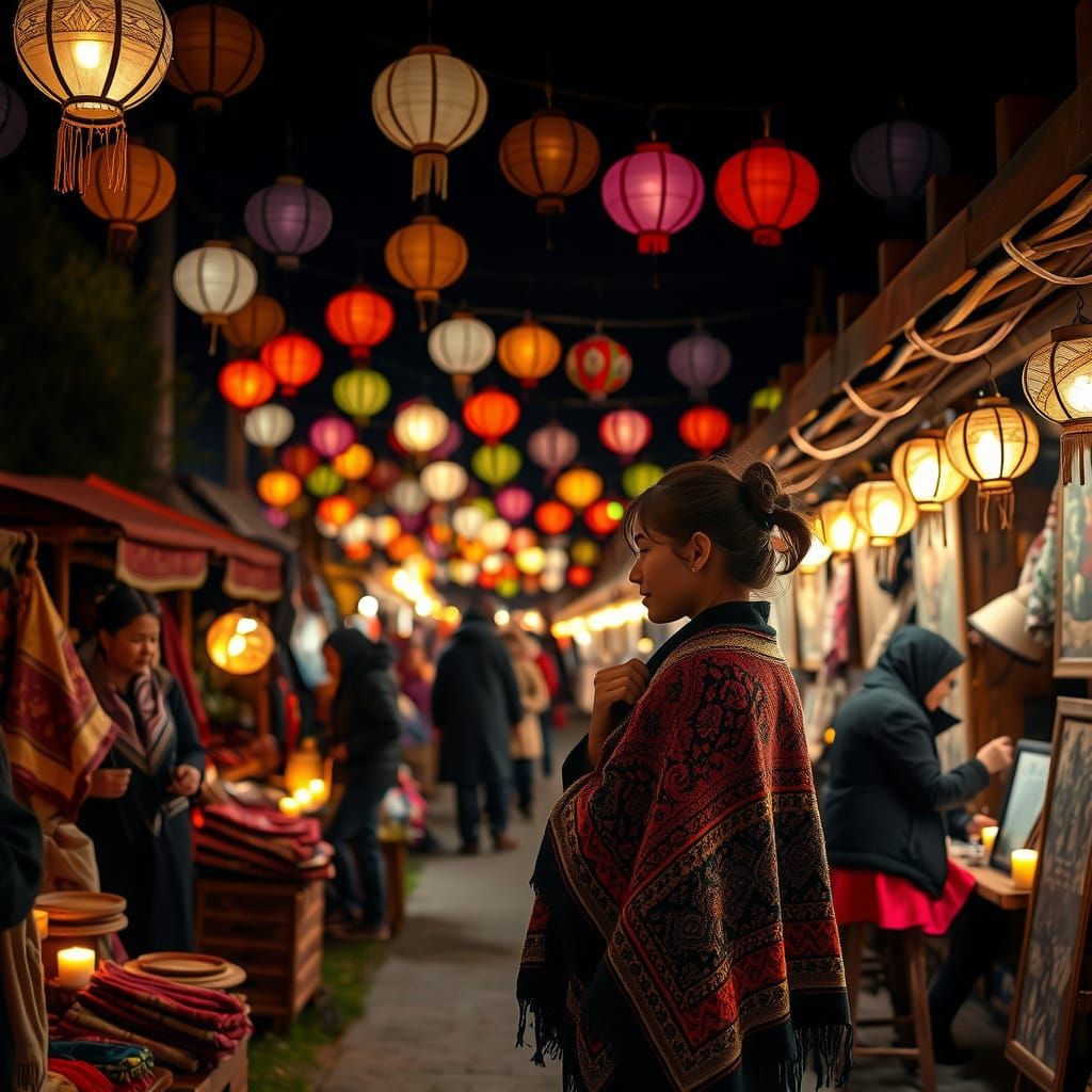 Magical Night Market Illuminated by Lanterns