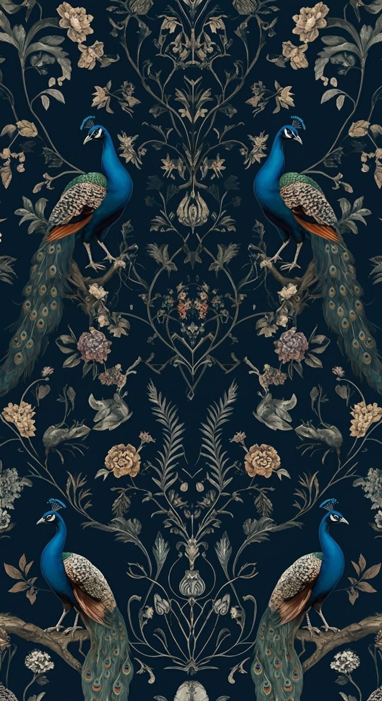 Elegant Navy Floral Pattern with Peacocks in Symmetrical Com...