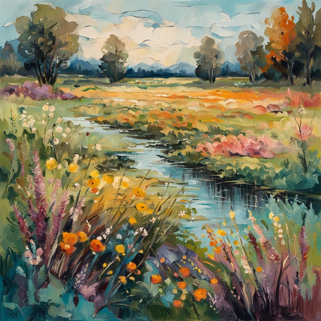 Impressionist Meadow Landscape in Gouache Style