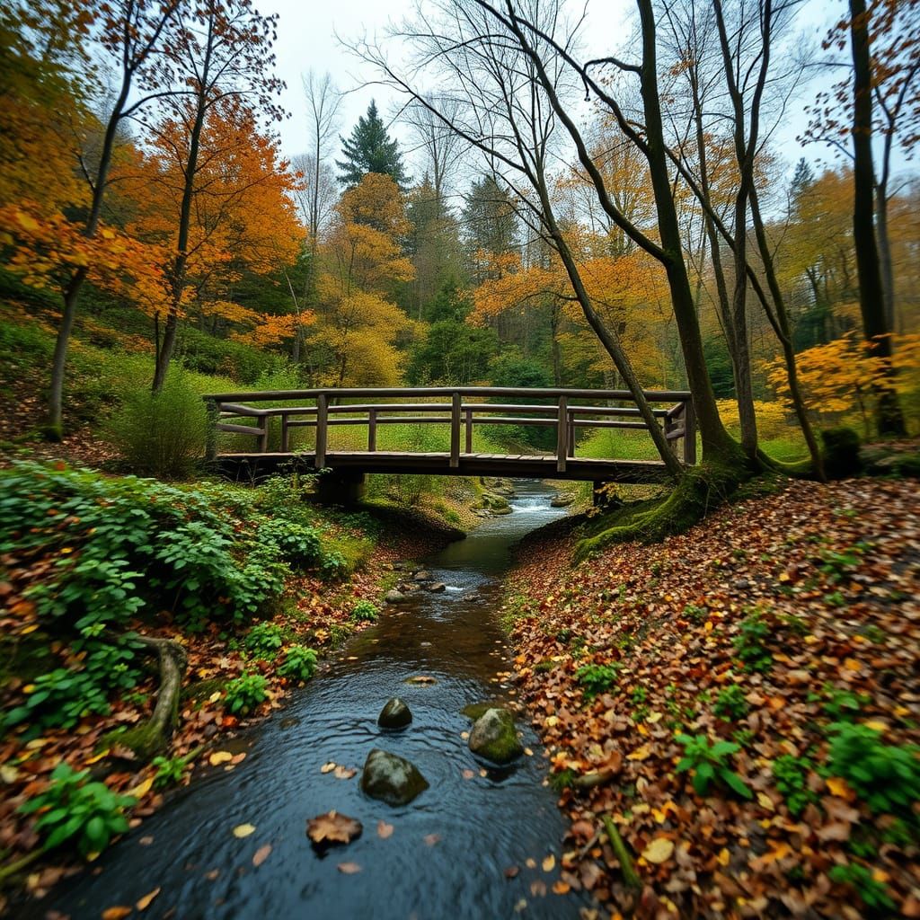 Autumn Forest Bridge View in Natural Light