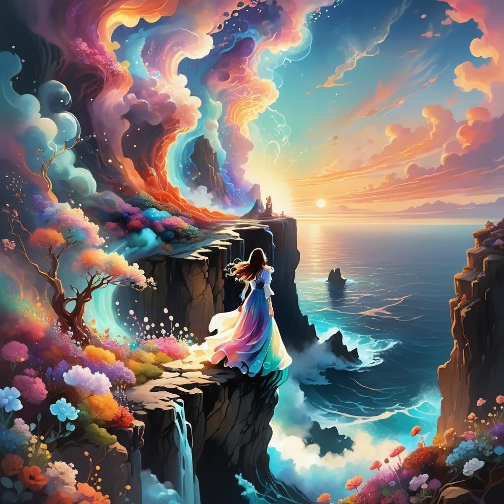 Mystical Woman at Cliff's Edge in Surreal Style
