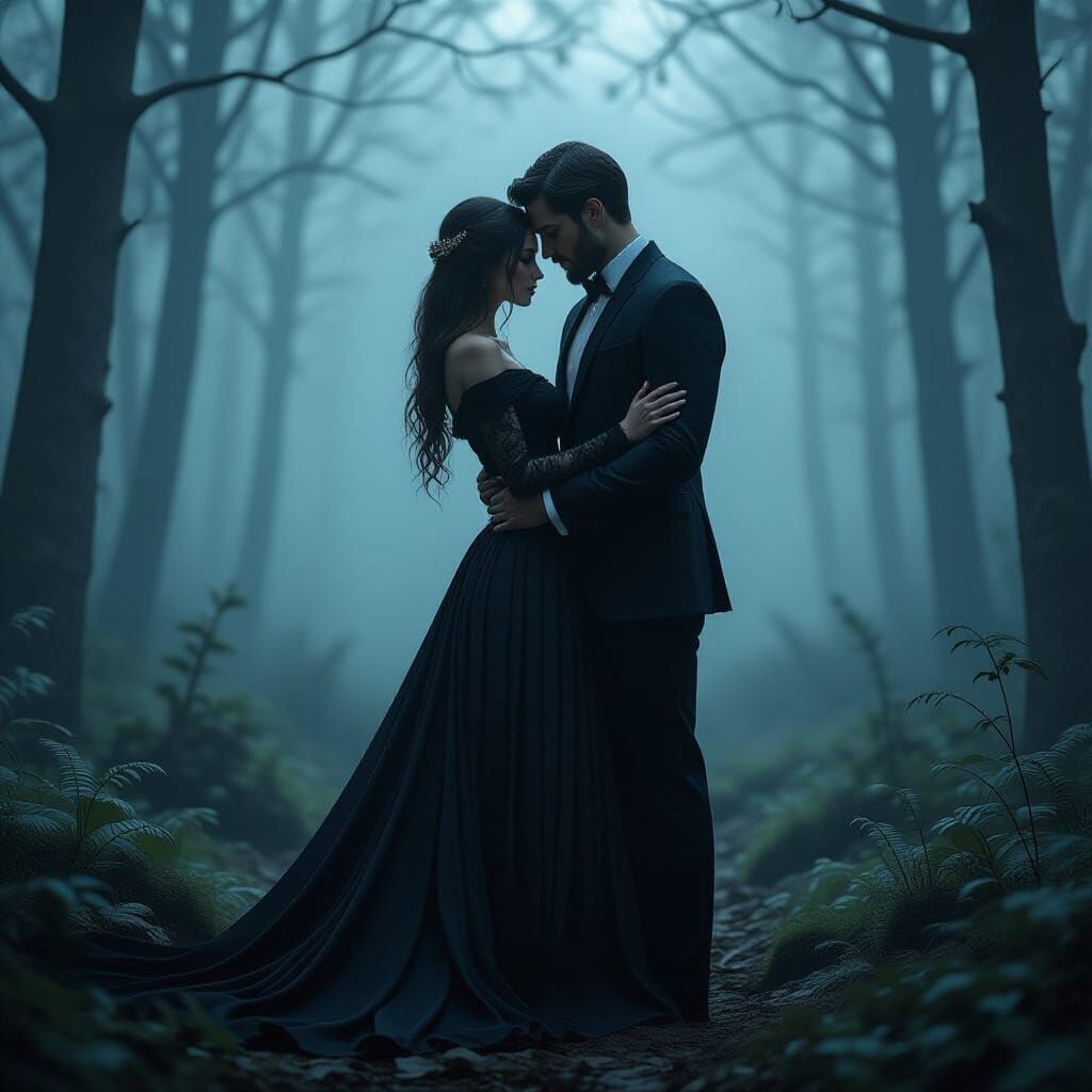 Melancholic Embrace in Misty Forest, Digital Art